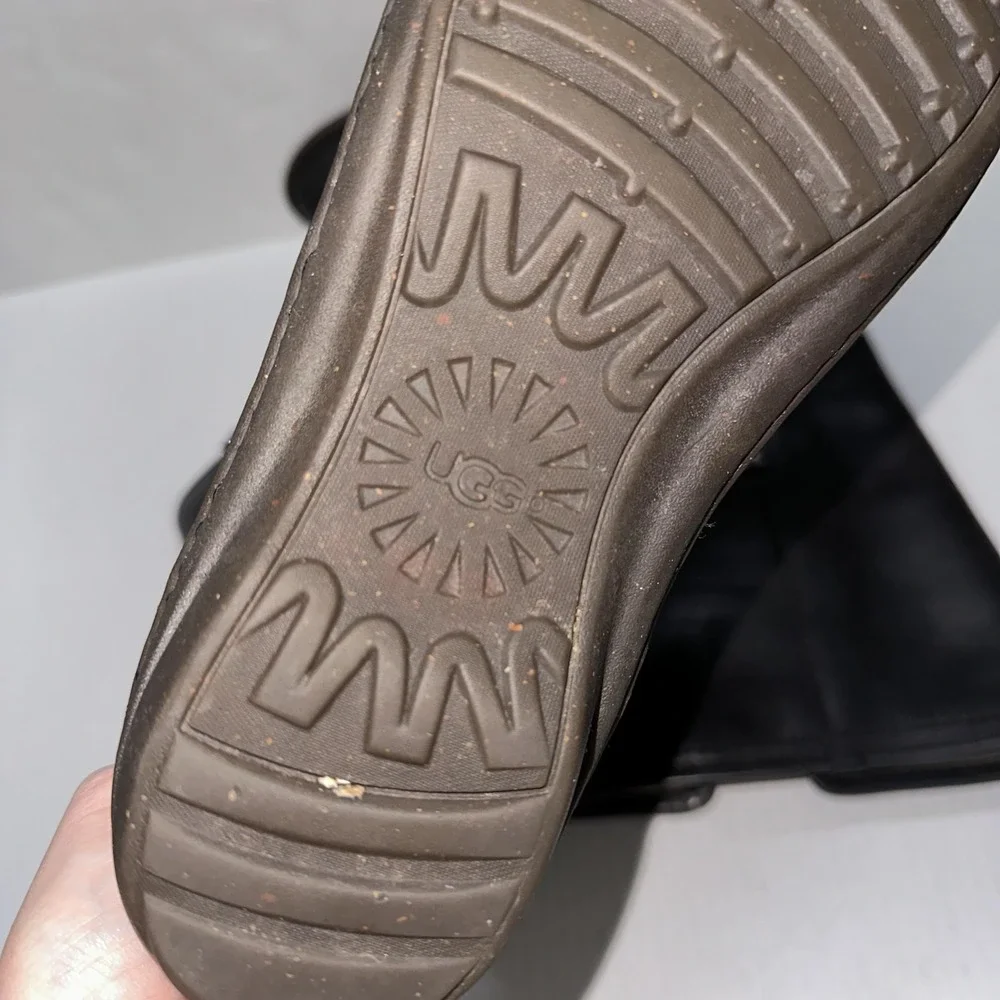 UGG Biker Boots Womens 8 Black Leather Tupelo Mid Calf‎ Zip Buckle Wedge